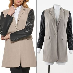 DKNY Mixed Media Faux Leather Sleeve Jacket in City Khaki Black